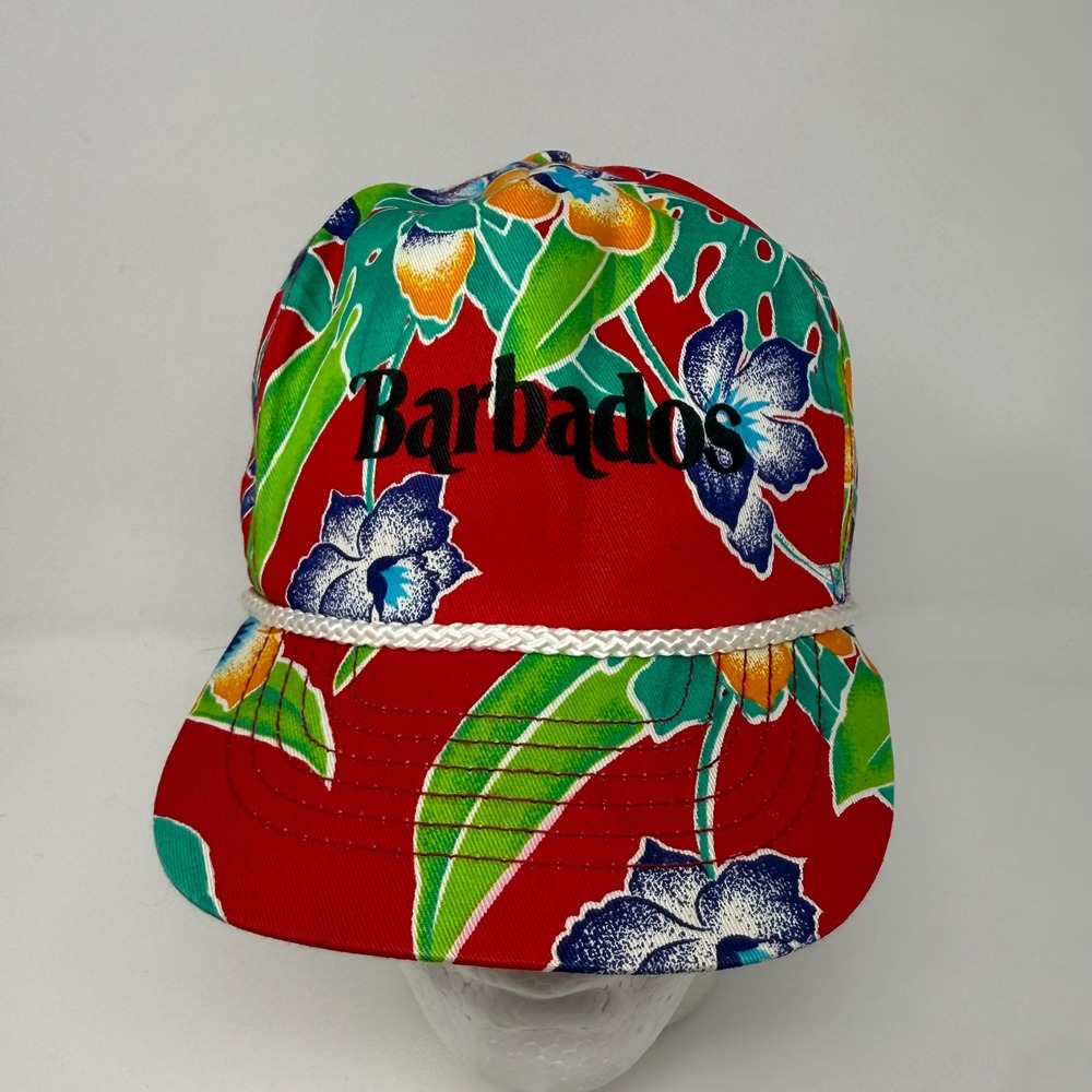 Vintage Barbados Tropical Floral Snapback Hat Red Rope Detail Souvenir Cap‎ OSFA